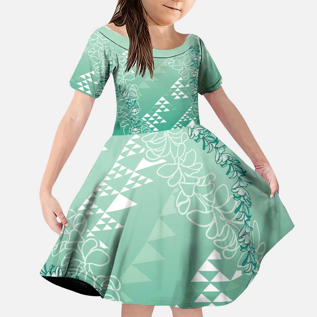 Hawaii Jade Green Kapa Family Matching Off Shoulder Short Dress and Hawaiian Shirt Vintage 'Ohe Kāpala Motifs Mix Plumeria Leis LT7 Daughter's Dress Jade Green - Polynesian Pride