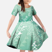 Hawaii Jade Green Kapa Family Matching Off Shoulder Short Dress and Hawaiian Shirt Vintage 'Ohe Kāpala Motifs Mix Plumeria Leis LT7 Daughter's Dress Jade Green - Polynesian Pride