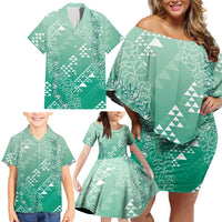 Hawaii Jade Green Kapa Family Matching Off Shoulder Short Dress and Hawaiian Shirt Vintage 'Ohe Kāpala Motifs Mix Plumeria Leis LT7 - Polynesian Pride