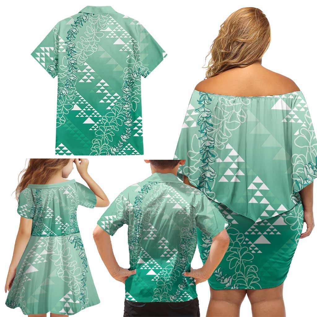 Hawaii Jade Green Kapa Family Matching Off Shoulder Short Dress and Hawaiian Shirt Vintage 'Ohe Kāpala Motifs Mix Plumeria Leis LT7 - Polynesian Pride