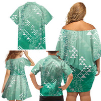 Hawaii Jade Green Kapa Family Matching Off Shoulder Short Dress and Hawaiian Shirt Vintage 'Ohe Kāpala Motifs Mix Plumeria Leis LT7 - Polynesian Pride