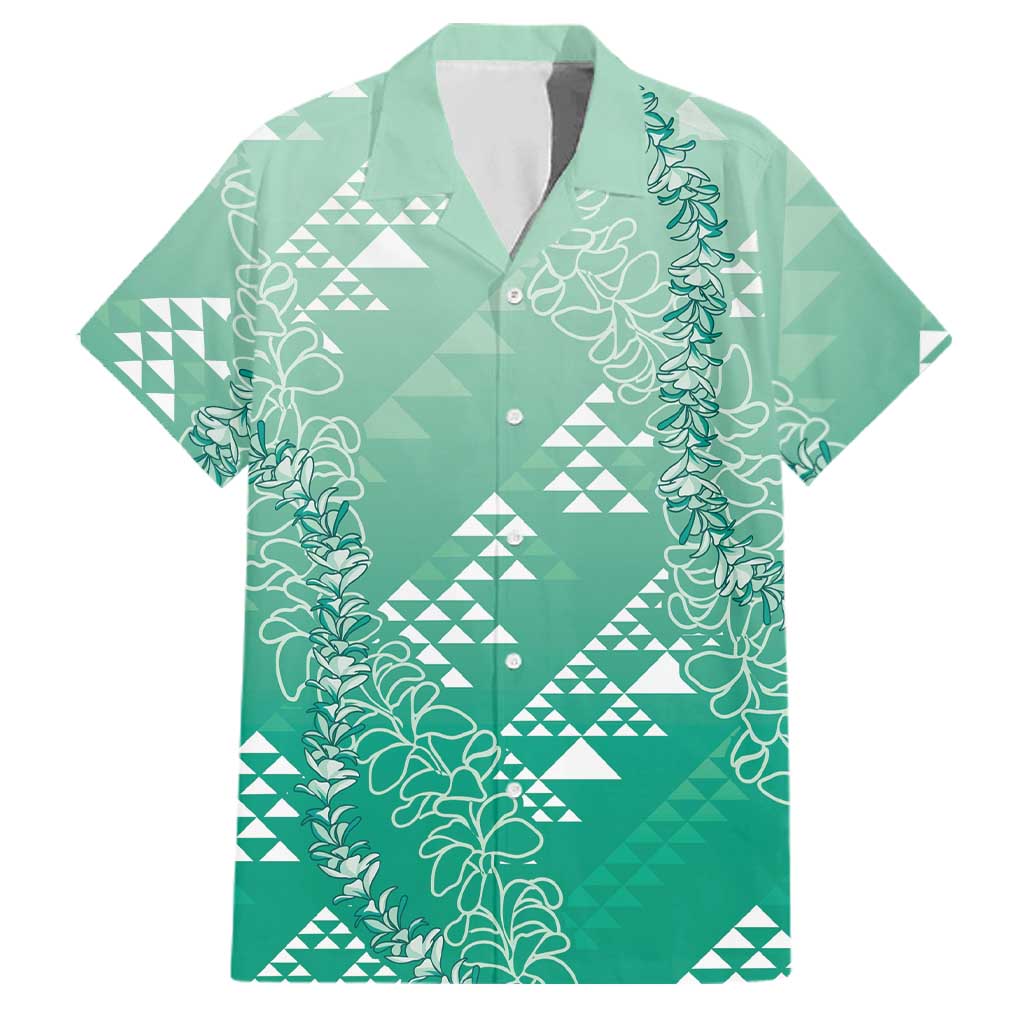 Hawaii Jade Green Kapa Family Matching Off Shoulder Short Dress and Hawaiian Shirt Vintage 'Ohe Kāpala Motifs Mix Plumeria Leis LT7 Dad's Shirt - Short Sleeve Jade Green - Polynesian Pride