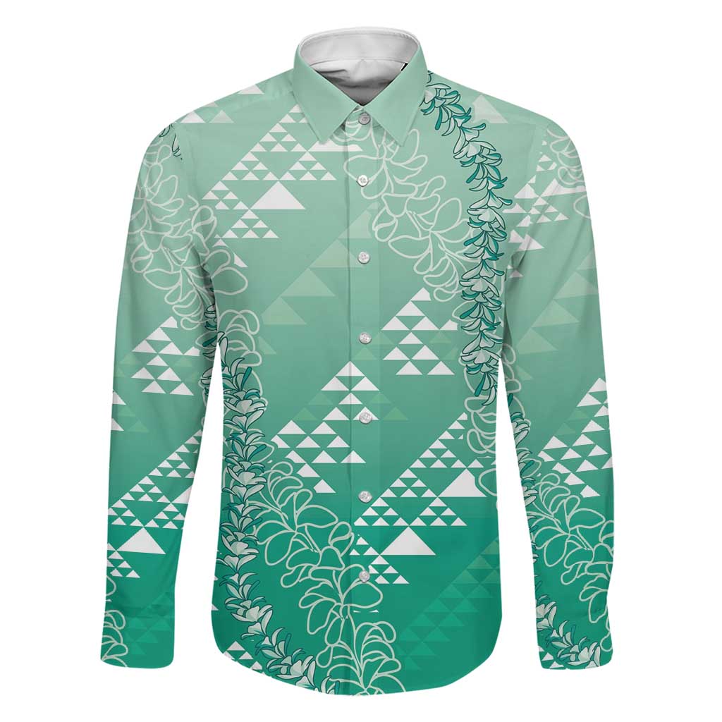 Hawaii Jade Green Kapa Family Matching Off Shoulder Short Dress and Hawaiian Shirt Vintage 'Ohe Kāpala Motifs Mix Plumeria Leis LT7 Dad's Shirt - Long Sleeve Jade Green - Polynesian Pride