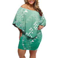 Hawaii Jade Green Kapa Family Matching Off Shoulder Short Dress and Hawaiian Shirt Vintage 'Ohe Kāpala Motifs Mix Plumeria Leis LT7 Mom's Dress Jade Green - Polynesian Pride