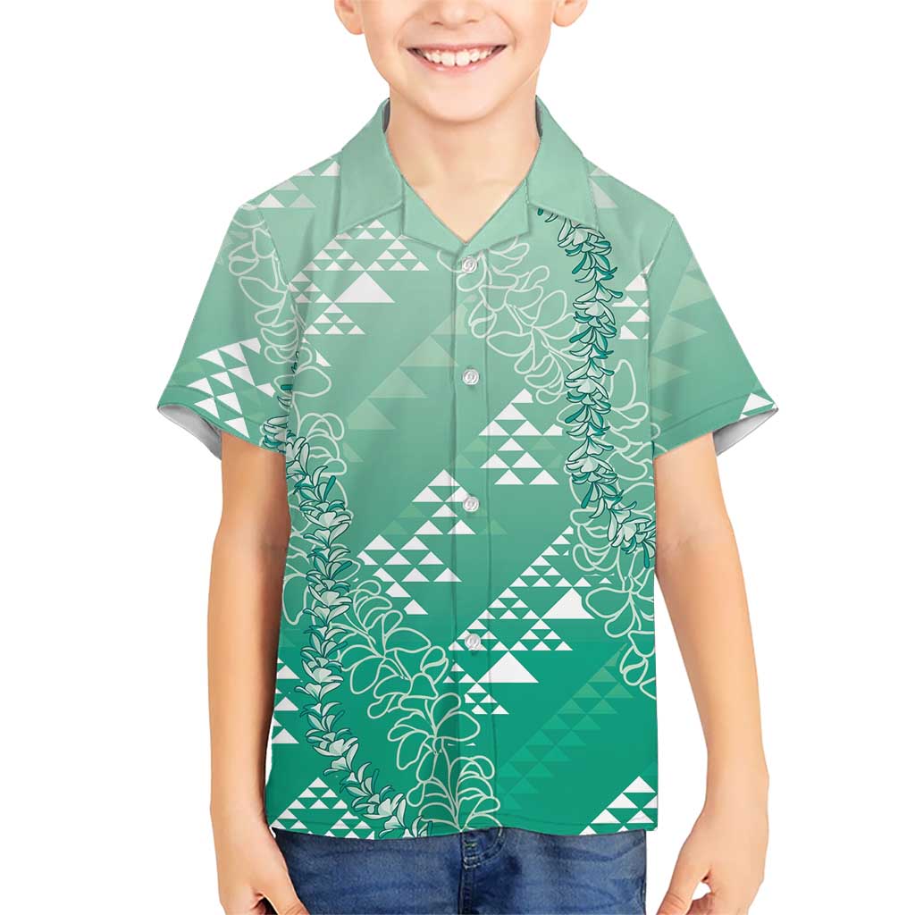Hawaii Jade Green Kapa Family Matching Off Shoulder Short Dress and Hawaiian Shirt Vintage 'Ohe Kāpala Motifs Mix Plumeria Leis LT7 Son's Shirt Jade Green - Polynesian Pride