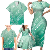 Hawaii Jade Green Kapa Family Matching Short Sleeve Bodycon Dress and Hawaiian Shirt Vintage 'Ohe Kāpala Motifs Mix Plumeria Leis
