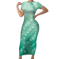 Hawaii Jade Green Kapa Family Matching Short Sleeve Bodycon Dress and Hawaiian Shirt Vintage 'Ohe Kāpala Motifs Mix Plumeria Leis