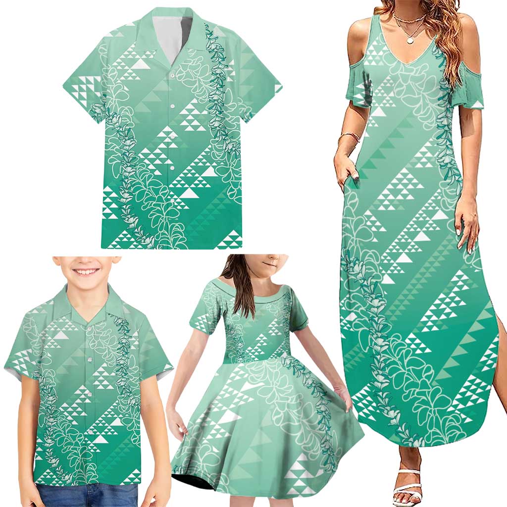 Hawaii Jade Green Kapa Family Matching Summer Maxi Dress and Hawaiian Shirt Vintage 'Ohe Kāpala Motifs Mix Plumeria Leis