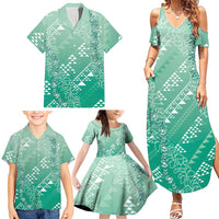 Hawaii Jade Green Kapa Family Matching Summer Maxi Dress and Hawaiian Shirt Vintage 'Ohe Kāpala Motifs Mix Plumeria Leis