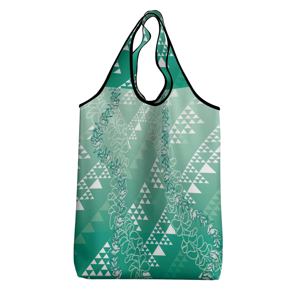 Hawaii Jade Green Kapa Grocery Bag Vintage 'Ohe Kāpala Motifs Mix Plumeria Leis
