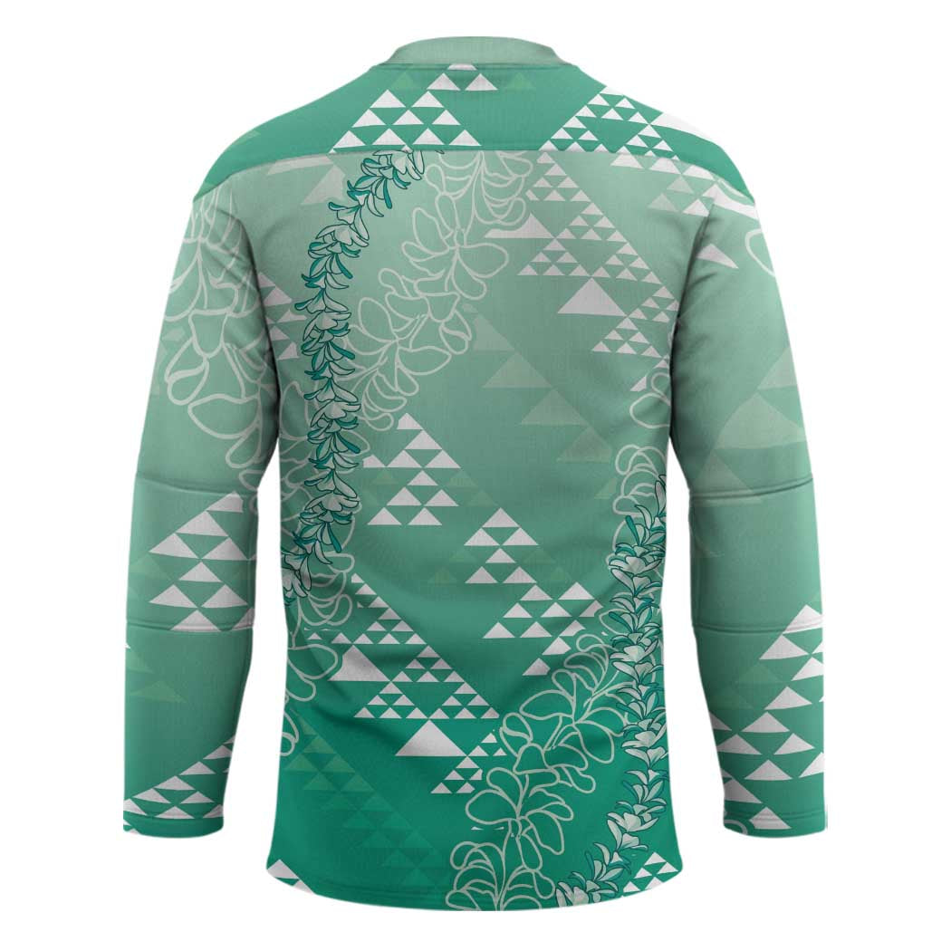 Hawaii Jade Green Kapa Hockey Jersey Vintage 'Ohe Kāpala Motifs Mix Plumeria Leis