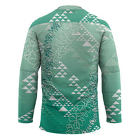 Hawaii Jade Green Kapa Hockey Jersey Vintage 'Ohe Kāpala Motifs Mix Plumeria Leis