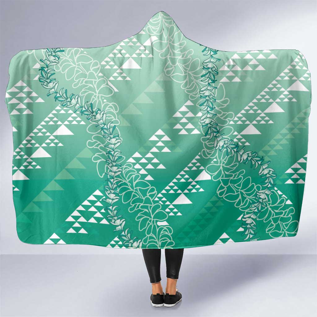 Hawaii Jade Green Kapa Hooded Blanket Vintage 'Ohe Kāpala Motifs Mix Plumeria Leis
