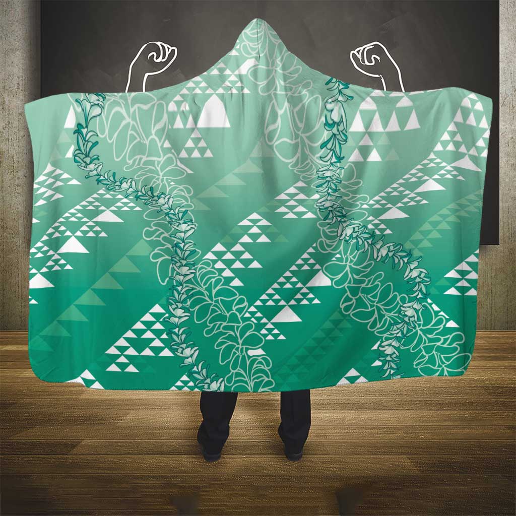 Hawaii Jade Green Kapa Hooded Blanket Vintage 'Ohe Kāpala Motifs Mix Plumeria Leis