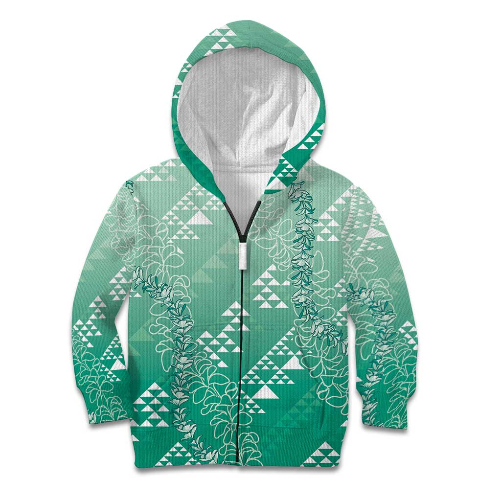 Hawaii Jade Green Kapa Kid Hoodie Vintage 'Ohe Kāpala Motifs Mix Plumeria Leis
