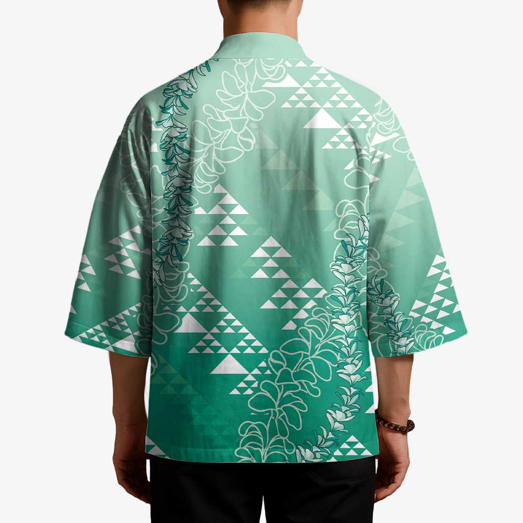 Hawaii Jade Green Kapa Kimono Vintage 'Ohe Kāpala Motifs Mix Plumeria Leis