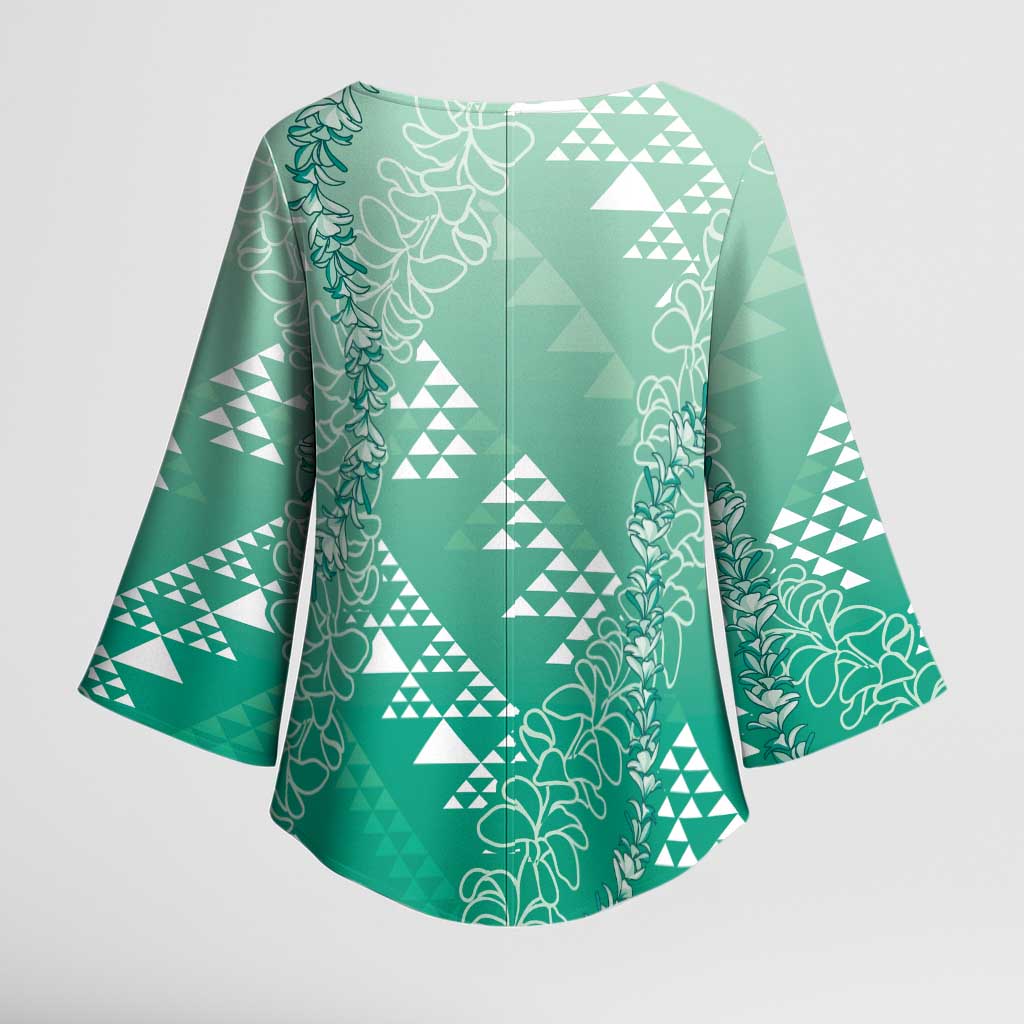 Hawaii Jade Green Kapa Kimono Sleeve Blouse Vintage 'Ohe Kāpala Motifs Mix Plumeria Leis