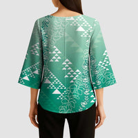 Hawaii Jade Green Kapa Kimono Sleeve Blouse Vintage 'Ohe Kāpala Motifs Mix Plumeria Leis