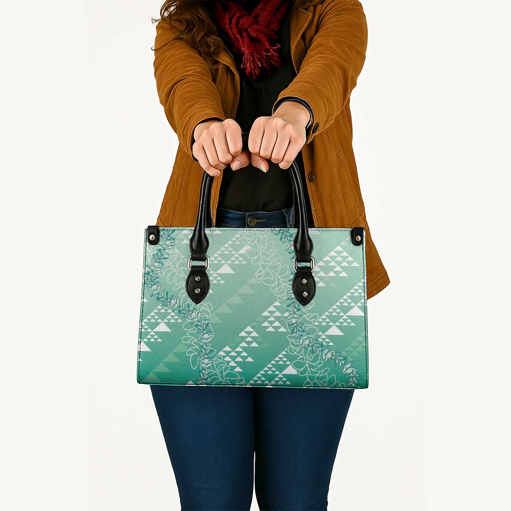 Hawaii Jade Green Kapa Leather Bag Vintage 'Ohe Kāpala Motifs Mix Plumeria Leis
