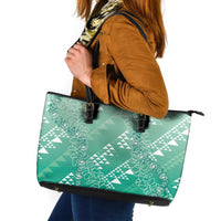 Hawaii Jade Green Kapa Leather Tote Bag Vintage 'Ohe Kāpala Motifs Mix Plumeria Leis