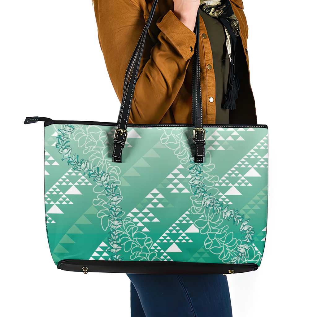 Hawaii Jade Green Kapa Leather Tote Bag Vintage 'Ohe Kāpala Motifs Mix Plumeria Leis