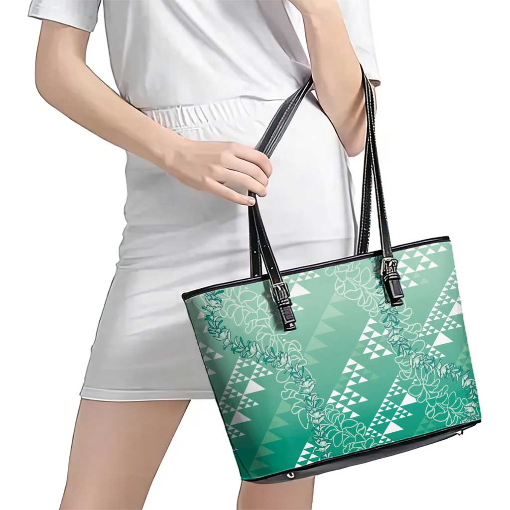 Hawaii Jade Green Kapa Leather Tote Bag Vintage 'Ohe Kāpala Motifs Mix Plumeria Leis