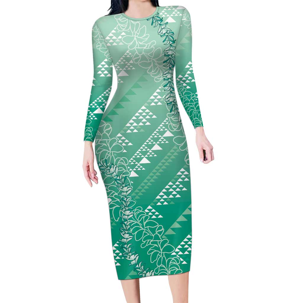 Hawaii Jade Green Kapa Long Sleeve Bodycon Dress Vintage 'Ohe Kāpala Motifs Mix Plumeria Leis