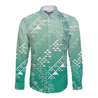 Hawaii Jade Green Kapa Long Sleeve Button Shirt Vintage 'Ohe Kāpala Motifs Mix Plumeria Leis