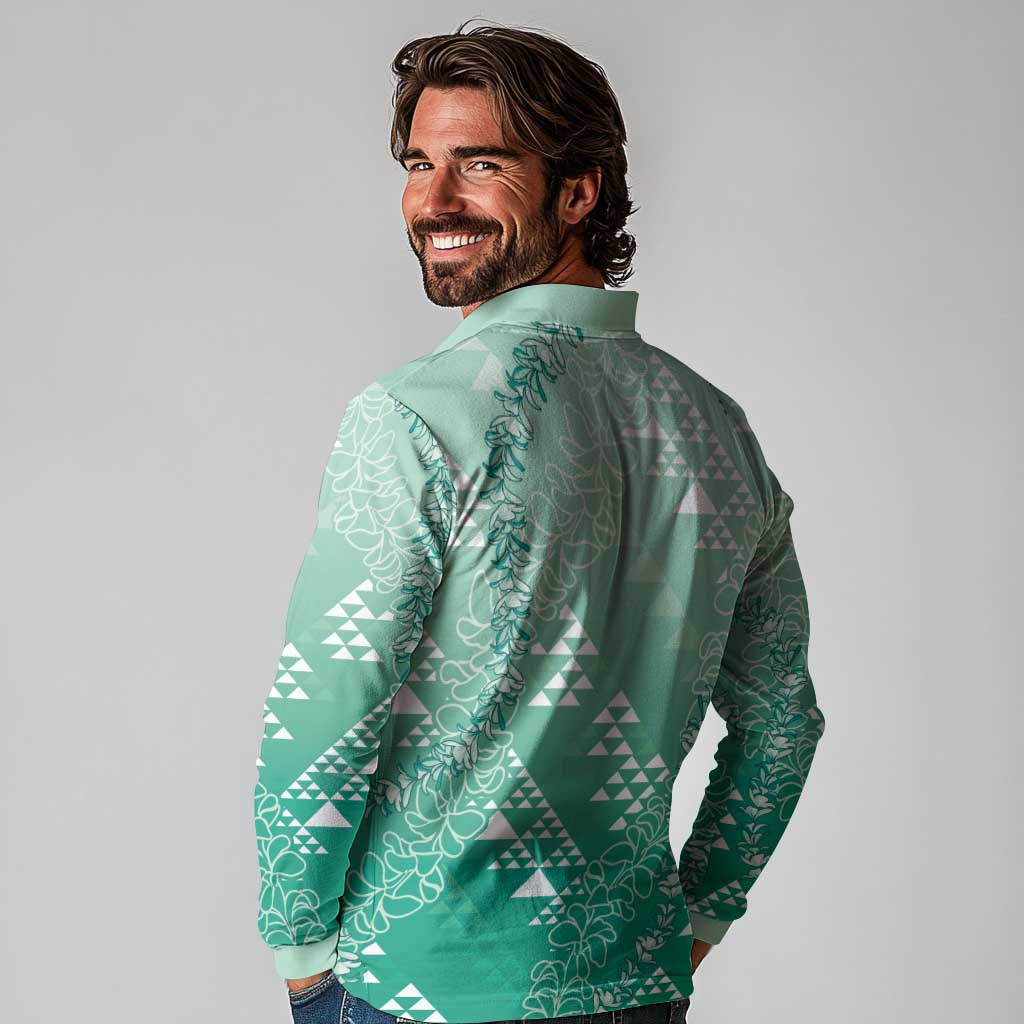 Hawaii Jade Green Kapa Long Sleeve Polo Shirt Vintage 'Ohe Kāpala Motifs Mix Plumeria Leis