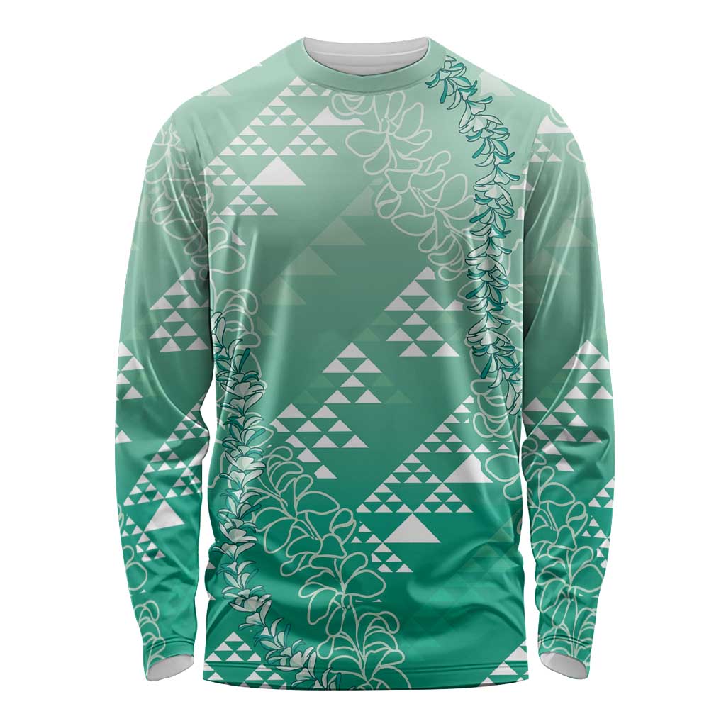 Hawaii Jade Green Kapa Long Sleeve Shirt Vintage 'Ohe Kāpala Motifs Mix Plumeria Leis