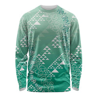 Hawaii Jade Green Kapa Long Sleeve Shirt Vintage 'Ohe Kāpala Motifs Mix Plumeria Leis