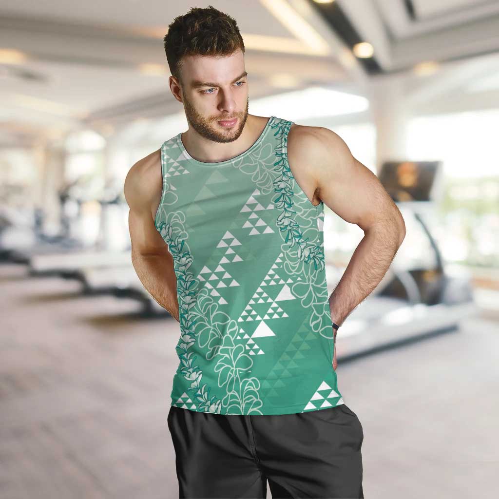Hawaii Jade Green Kapa Men Tank Top Vintage 'Ohe Kāpala Motifs Mix Plumeria Leis