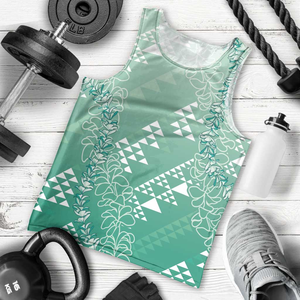 Hawaii Jade Green Kapa Men Tank Top Vintage 'Ohe Kāpala Motifs Mix Plumeria Leis