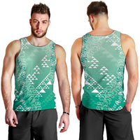 Hawaii Jade Green Kapa Men Tank Top Vintage 'Ohe Kāpala Motifs Mix Plumeria Leis
