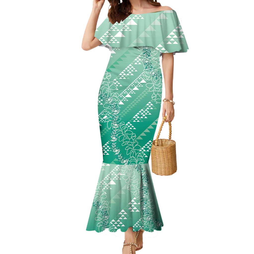 Hawaii Jade Green Kapa Mermaid Dress Vintage 'Ohe Kāpala Motifs Mix Plumeria Leis