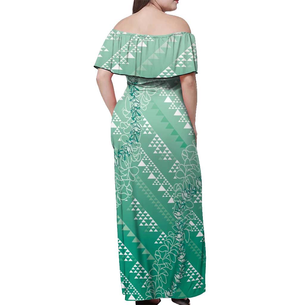 Hawaii Jade Green Kapa Off Shoulder Maxi Dress Vintage 'Ohe Kāpala Motifs Mix Plumeria Leis