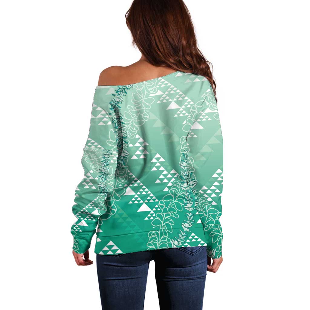 Hawaii Jade Green Kapa Off Shoulder Sweater Vintage 'Ohe Kāpala Motifs Mix Plumeria Leis