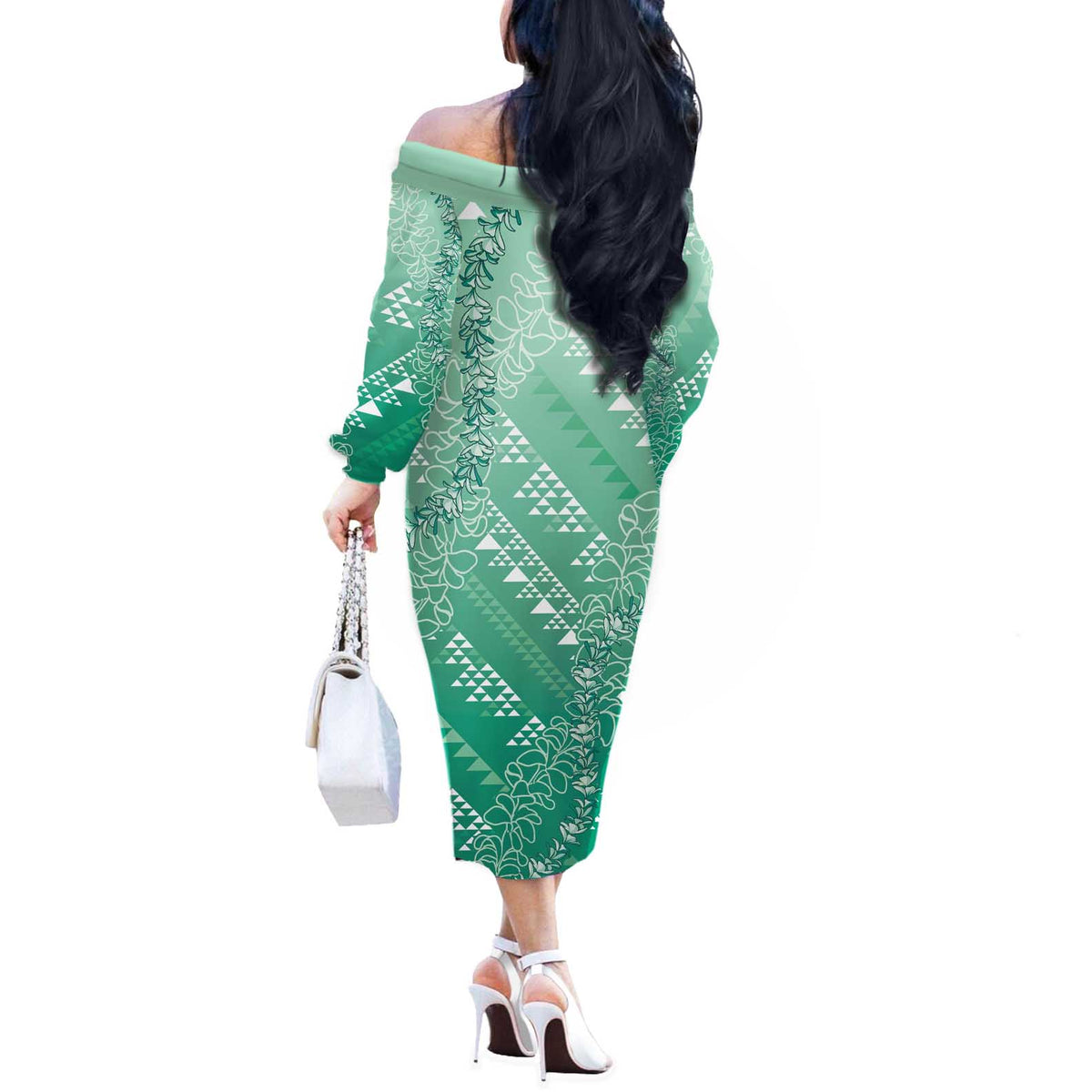 Hawaii Jade Green Kapa Off The Shoulder Long Sleeve Dress Vintage 'Ohe Kāpala Motifs Mix Plumeria Leis