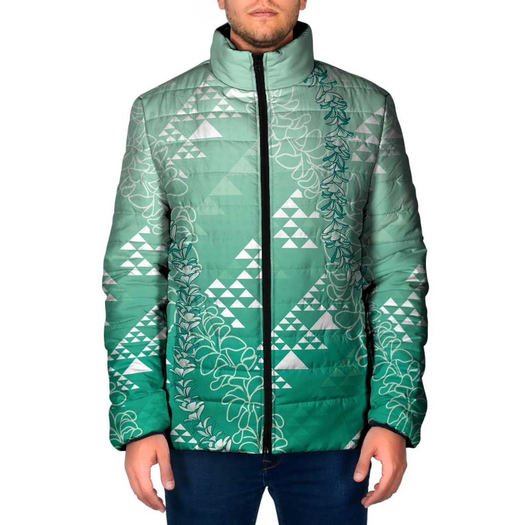 Hawaii Jade Green Kapa Padded Jacket Vintage 'Ohe Kāpala Motifs Mix Plumeria Leis