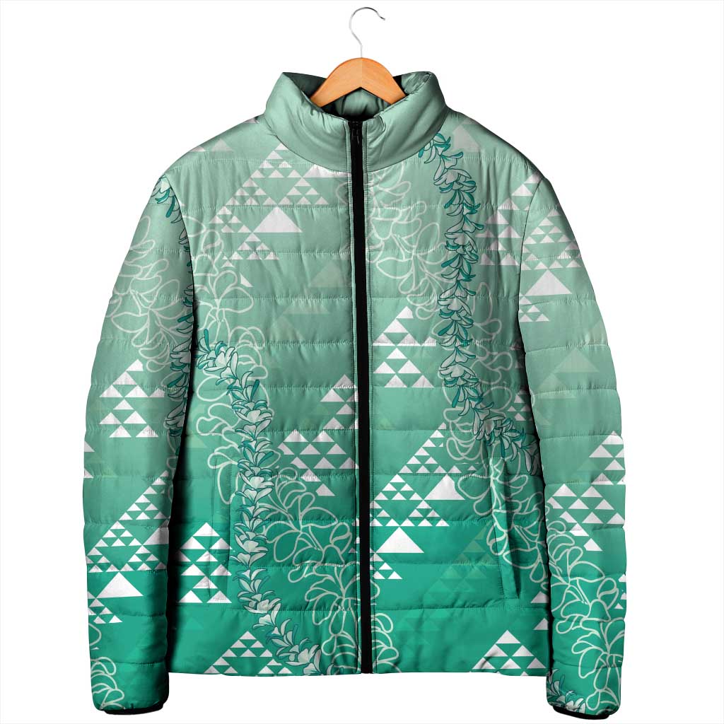 Hawaii Jade Green Kapa Padded Jacket Vintage 'Ohe Kāpala Motifs Mix Plumeria Leis