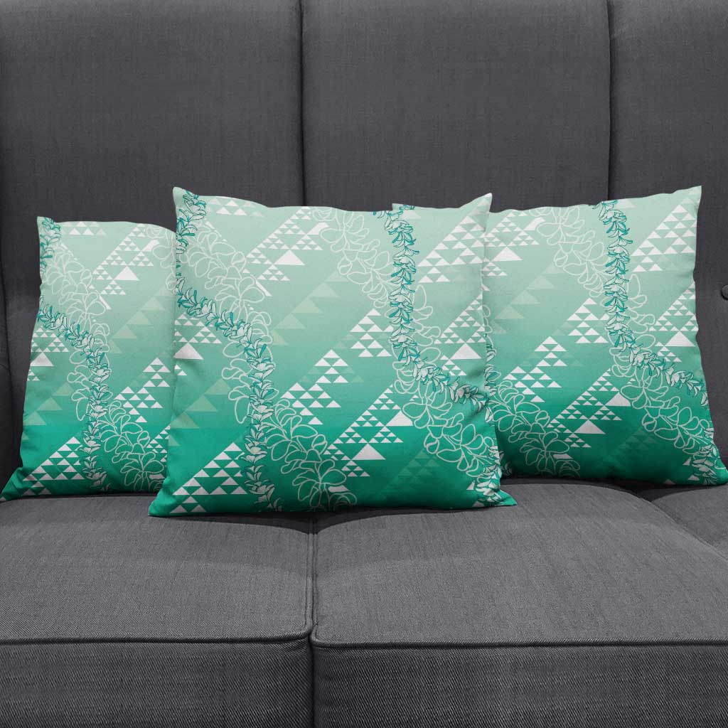 Hawaii Jade Green Kapa Pillow Cover Vintage 'Ohe Kāpala Motifs Mix Plumeria Leis
