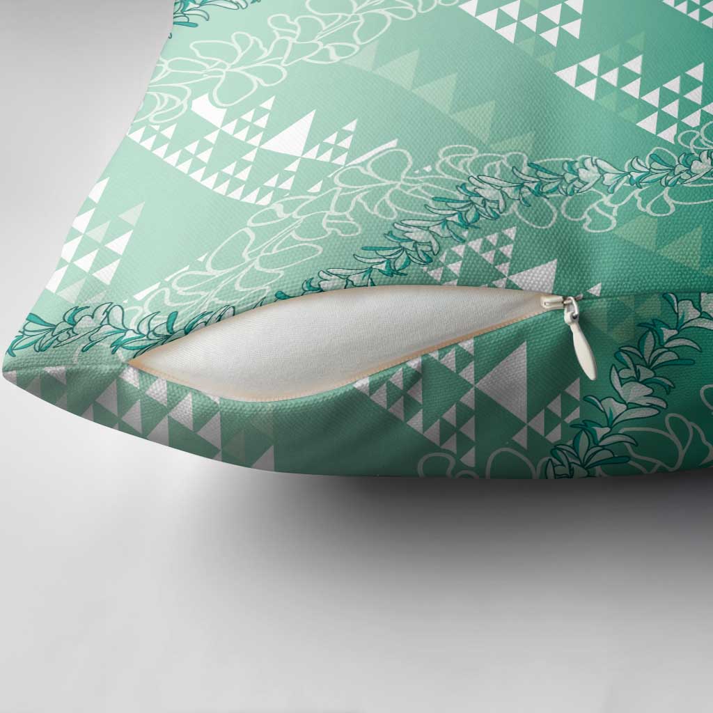 Hawaii Jade Green Kapa Pillow Cover Vintage 'Ohe Kāpala Motifs Mix Plumeria Leis