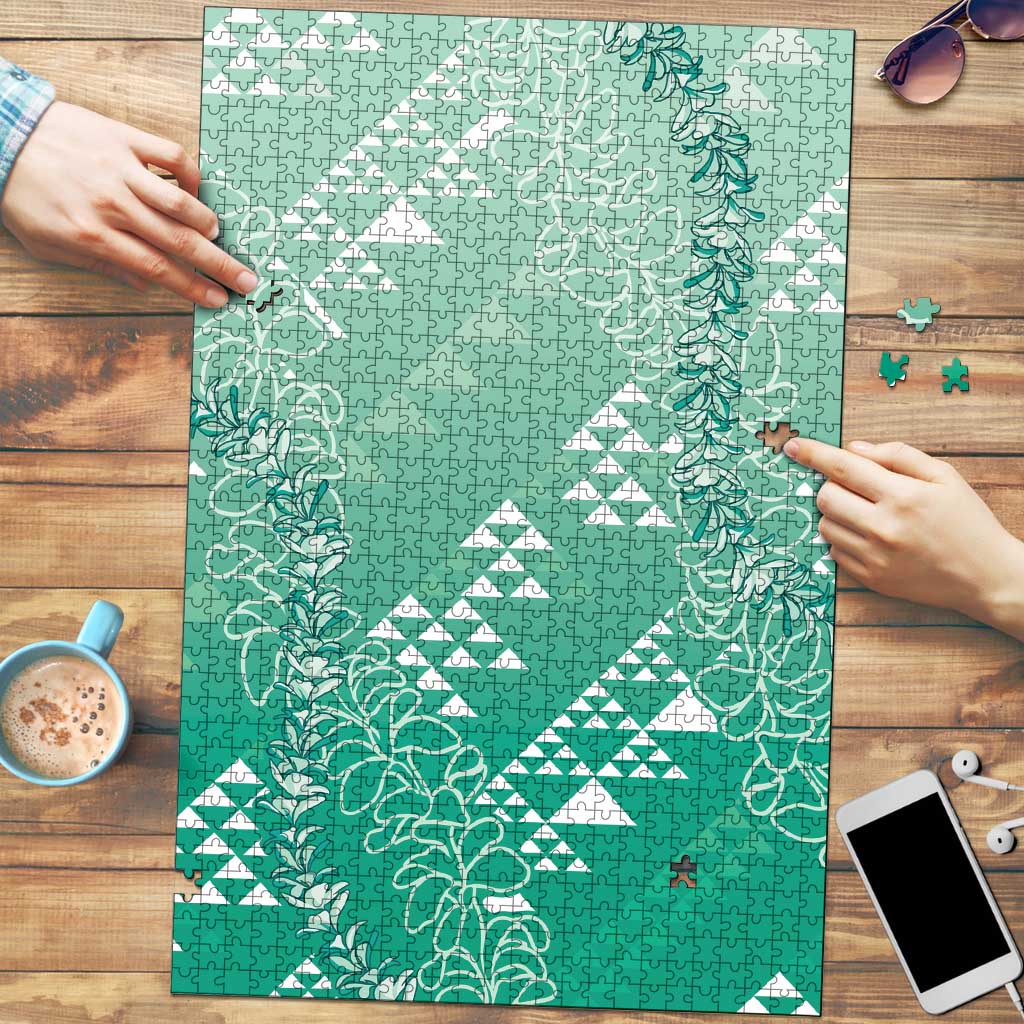 Hawaii Jade Green Kapa Puzzle Vintage 'Ohe Kāpala Motifs Mix Plumeria Leis
