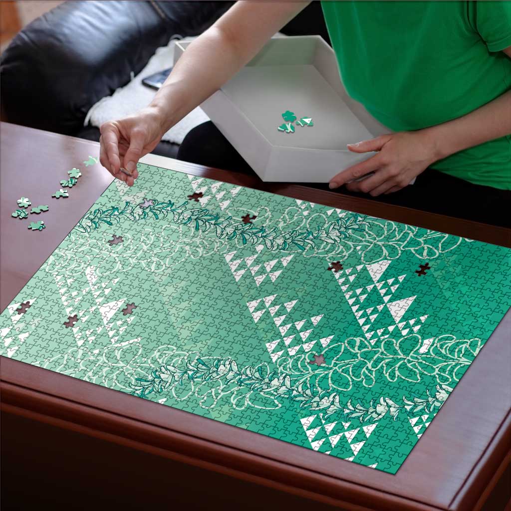 Hawaii Jade Green Kapa Puzzle Vintage 'Ohe Kāpala Motifs Mix Plumeria Leis