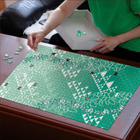 Hawaii Jade Green Kapa Puzzle Vintage 'Ohe Kāpala Motifs Mix Plumeria Leis