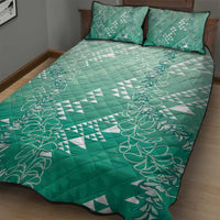 Hawaii Jade Green Kapa Quilt Bed Set Vintage 'Ohe Kāpala Motifs Mix Plumeria Leis