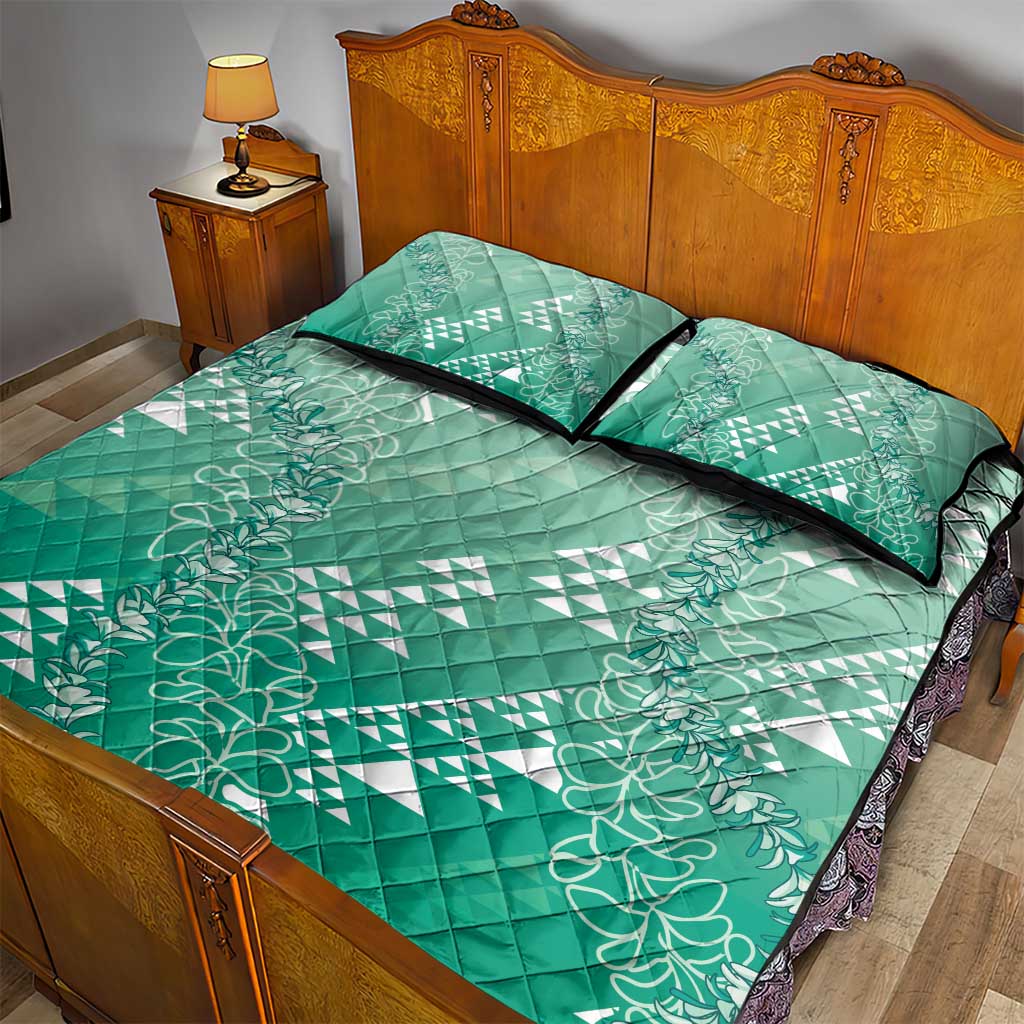 Hawaii Jade Green Kapa Quilt Bed Set Vintage 'Ohe Kāpala Motifs Mix Plumeria Leis