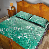 Hawaii Jade Green Kapa Quilt Bed Set Vintage 'Ohe Kāpala Motifs Mix Plumeria Leis
