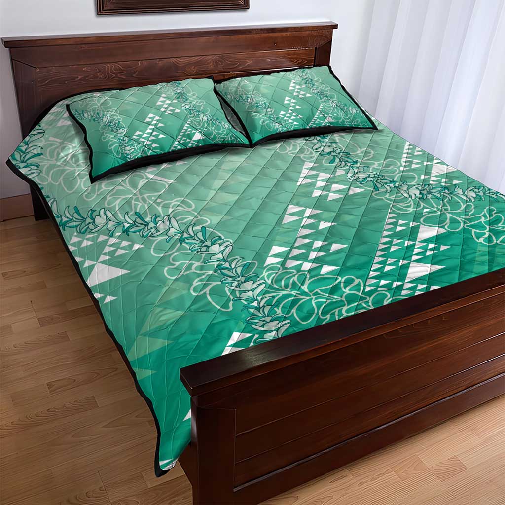 Hawaii Jade Green Kapa Quilt Bed Set Vintage 'Ohe Kāpala Motifs Mix Plumeria Leis