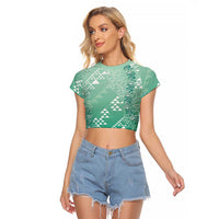 Hawaii Jade Green Kapa Raglan Cropped T Shirt Vintage 'Ohe Kāpala Motifs Mix Plumeria Leis